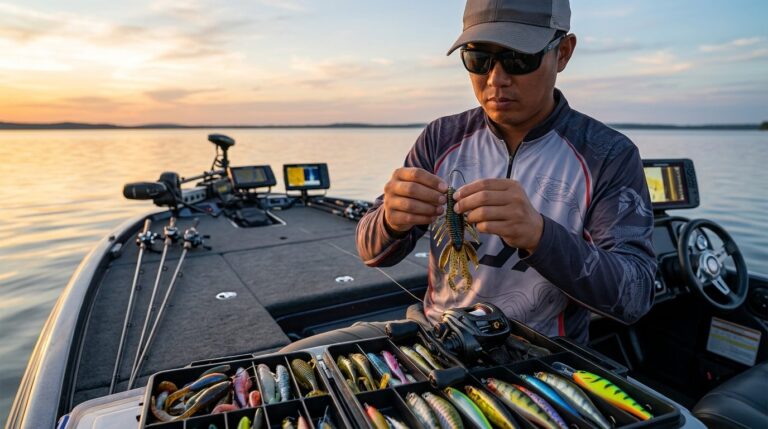 Bass angler choosing a crankbait from a tackle tray on a bass boat