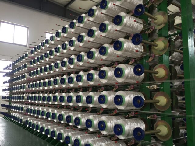 Rows of braiding machines producing braided fishing line