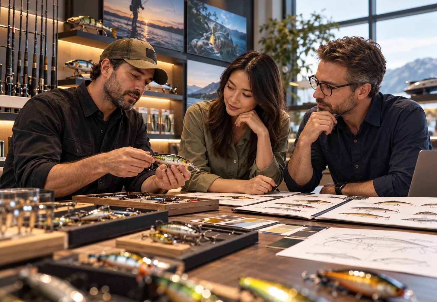 Buyers reviewing fishing lure samples and design sheets