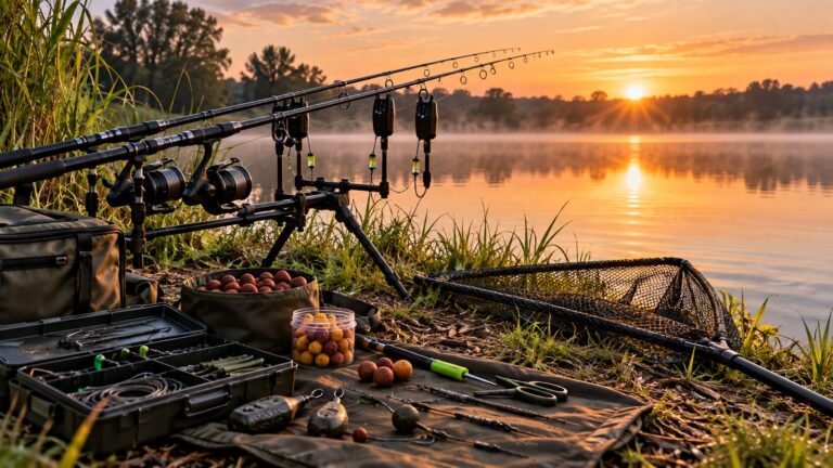 Carp rods with bite alarms on a rod pod beside a lake at sunrise