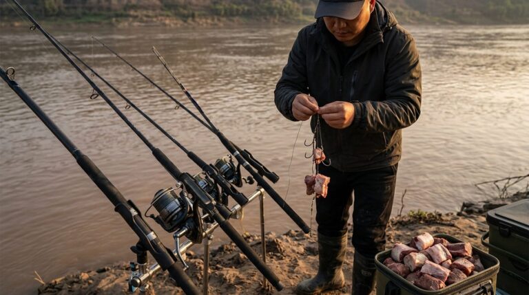 Catfish angler rigging bait beside several rods on a riverbank