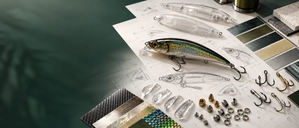 Hard bait design sketches with hooks, split rings and color swatches