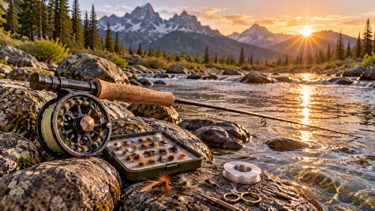 Fly rod, fly reel and fly box on river rocks at sunrise