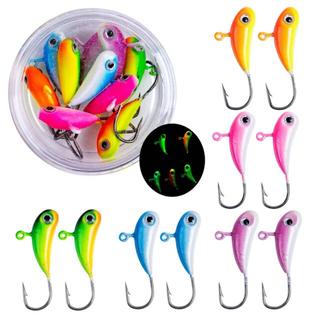 Glow ice fishing jigs in five colors with clear storage box