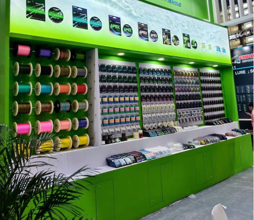 Jwell Fishing braided line range on display at a fishing tackle trade show