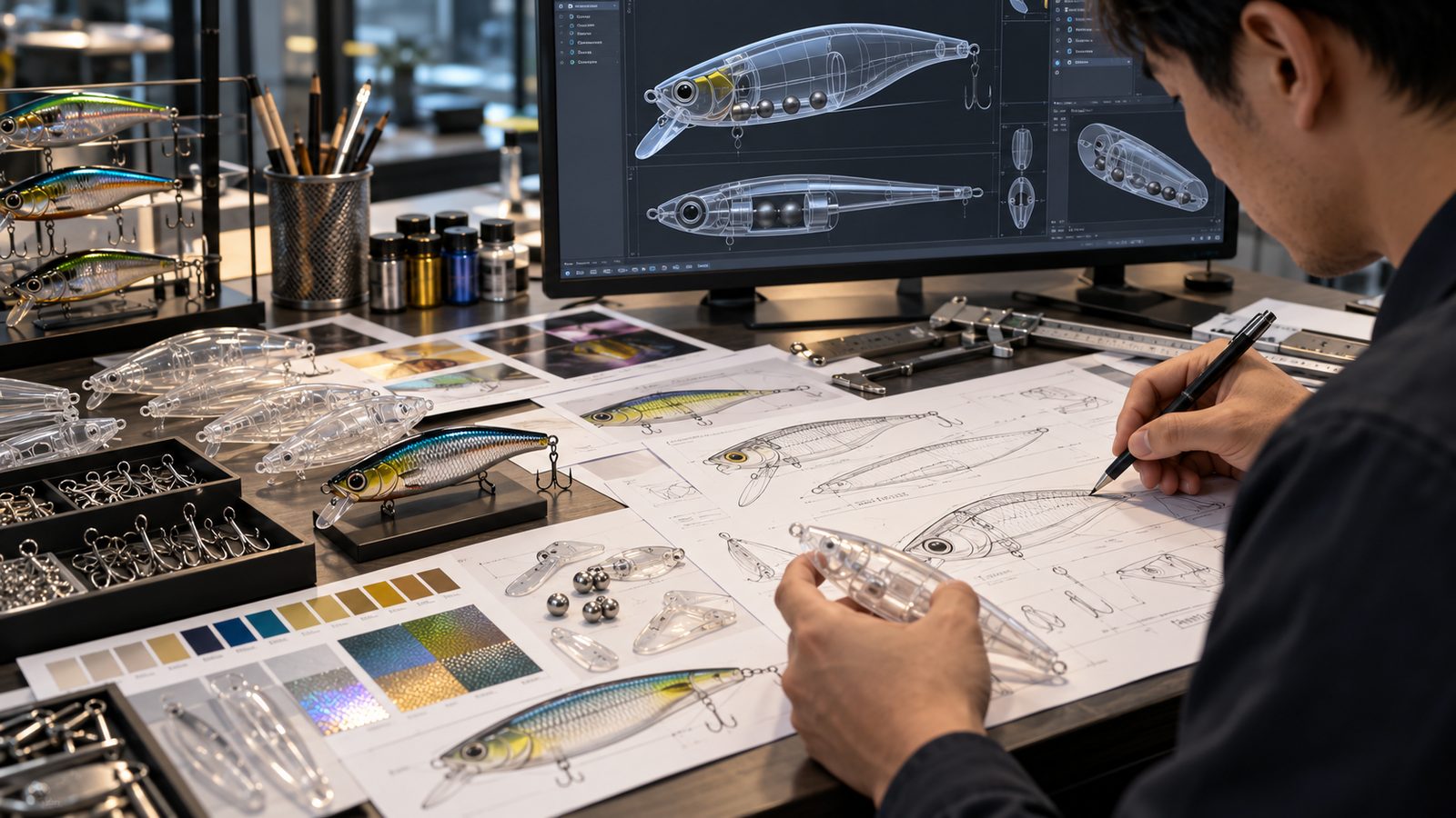 Designer drawing a hard bait next to a 3D lure model on screen
