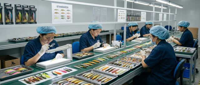 Quality control team inspecting lures on an inspection line
