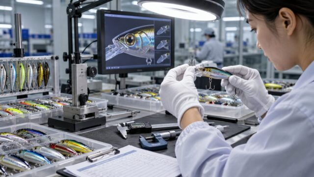 Inspector checking a lure under a microscope
