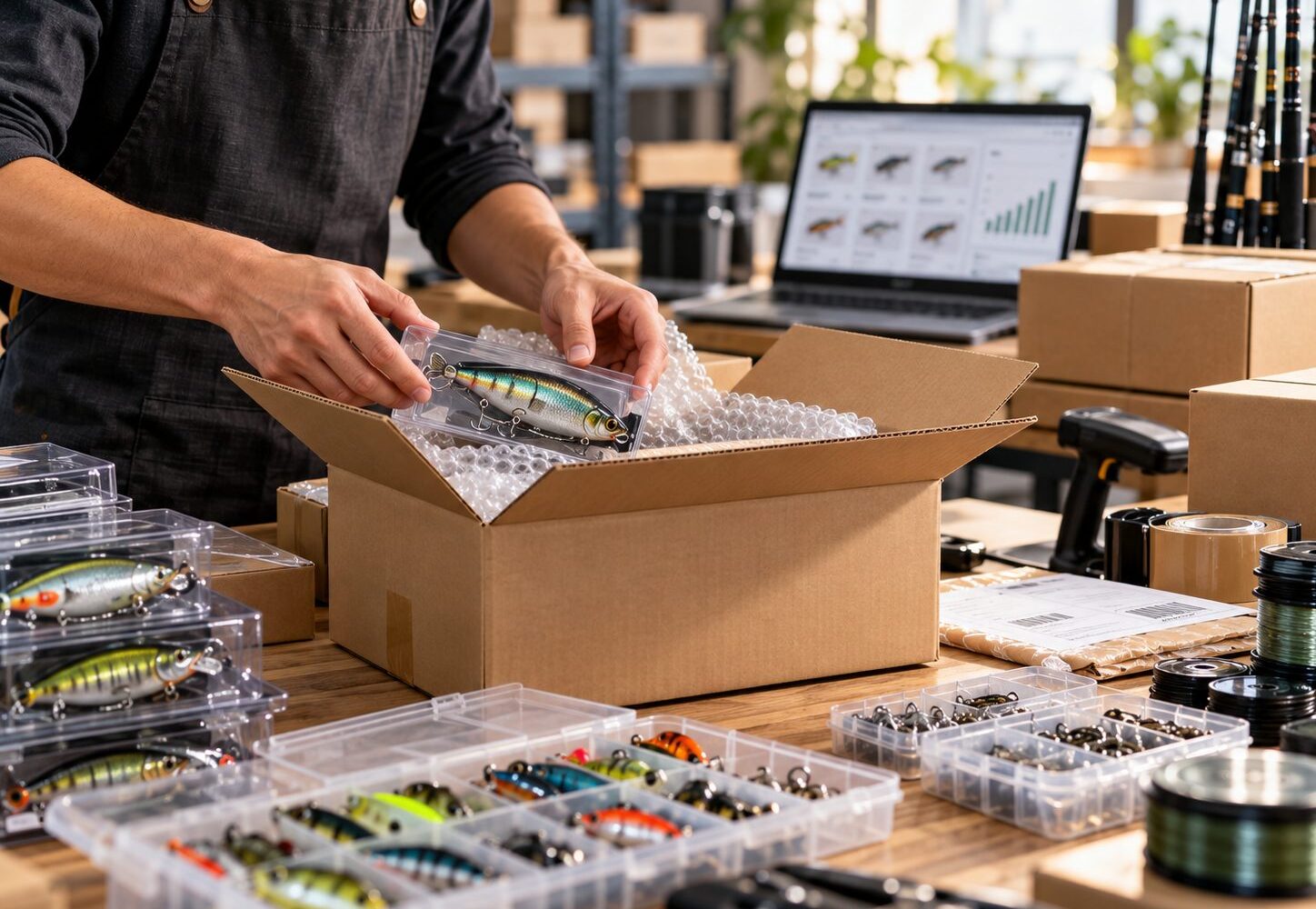Packing hard baits into a carton for an export order