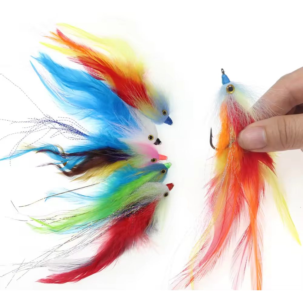 Five colors of big streamer flies and tube flies for salmon and pike