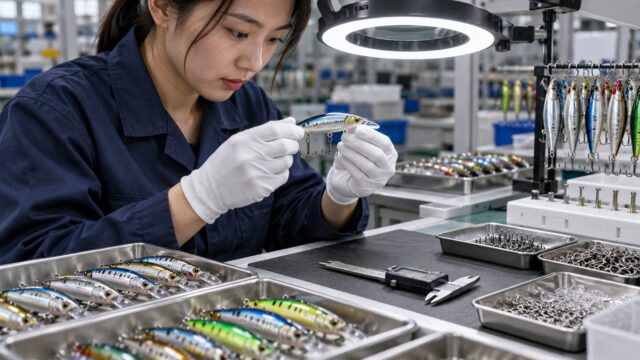 Worker inspecting hard baits under a ring light